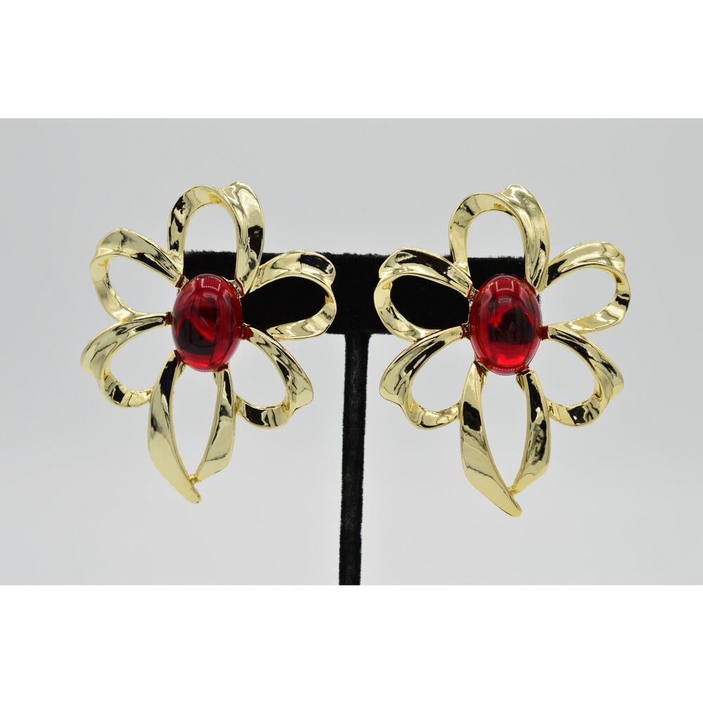 Vintage Large Cabochon Earrings Red Gold Flower Chunky 1980s NOS 9C